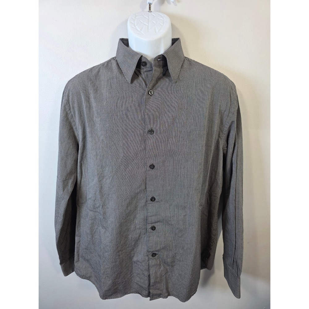 Perry Ellis Shirt Mens Large Business Casual Button Up Gray Striped Long Sleeve